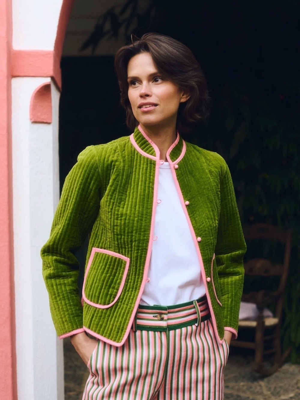 Olive Green Quilted Jacket with Pink Trim